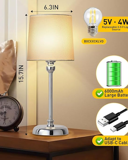 Cordless LED Table Lamp, 6000mAh Rechargeable Bedside Night Lamp for Bedroom, Portable Touch Stepless Dimmable Battery Operated Lamp, Ambient Light for Patio Restaurant(Chrome H) - LeafyLoom