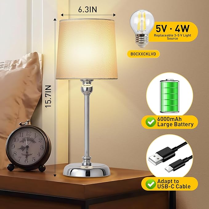 Cordless LED Table Lamp, 6000mAh Rechargeable Bedside Night Lamp for Bedroom, Portable Touch Stepless Dimmable Battery Operated Lamp, Ambient Light for Patio Restaurant(Chrome H) - LeafyLoom
