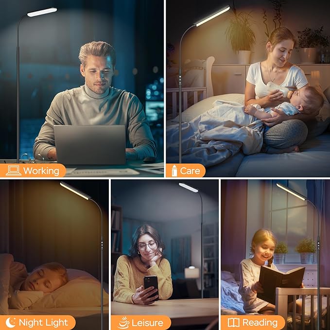 Floor Lamp, 15W Bright LED Floor Lamps for Living Room, Remote & Touch Control, 0.5H/1H Timer, Adjustable 2700K-6500K Colors & Brightness Eye Caring Reading Lamp, Gooseneck Standing Lamp - LeafyLoom
