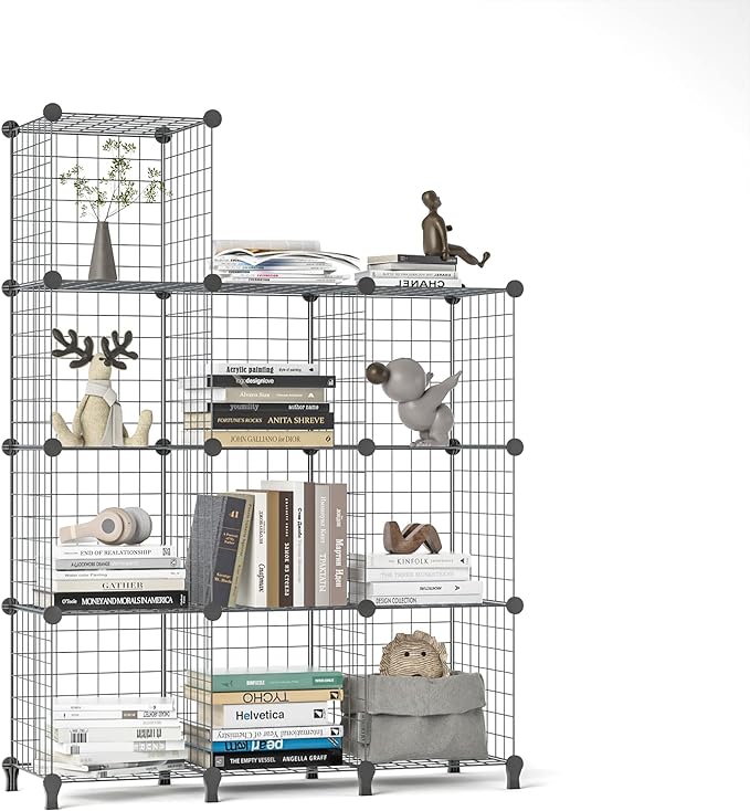 Wolizom Wire Cube Storage, Metal Grids Shelves Bookshelf, Stackable Modular Shelving Organizer, DIY Closet Bookcase Bookshelf, Grid Storage Shelf for Bedroom, Living Room, Office (Black, 9 Cube) - LeafyLoom
