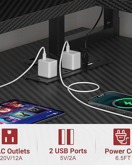 L Shaped Computer Desk with Power Outlets, Gaming Desk L Shaped with LED Lights, Corner Desk with Storage Shelves, Work Study Desk for Bedroom, Home Office Small Spaces, 47'', Carbon Fiber Black - LeafyLoom