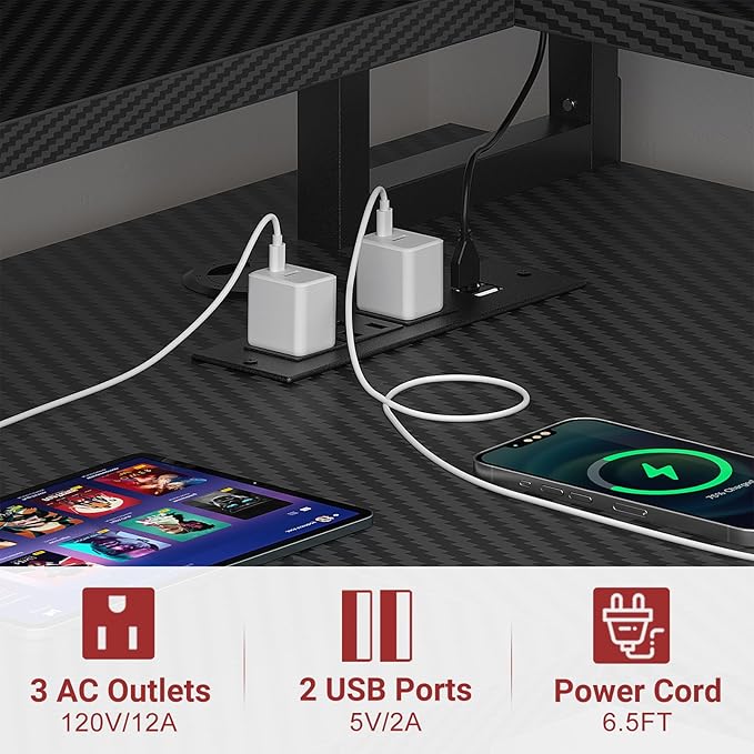 L Shaped Computer Desk with Power Outlets, Gaming Desk L Shaped with LED Lights, Corner Desk with Storage Shelves, Work Study Desk for Bedroom, Home Office Small Spaces, 47'', Carbon Fiber Black - LeafyLoom