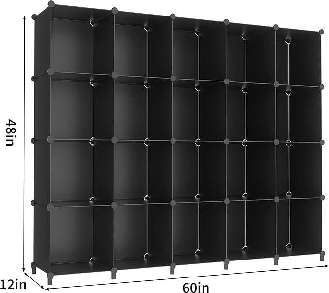HOMIDEC 20-Cube Black Cube Storage Organizer, Modular Storage Shelf with Hammer, Cube Storage Bin Cabinet Closet Bookshelf for Living Room, Bedroom, Office, Each Cube Size 11.8 x 11.8 inch - LeafyLoom