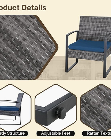 3 Pieces Patio Furniture Set, Outdoor Patio Set, Patio Bistro Set, All-Weather Wicker Conversation Set with Cushions Table for Porch Backyard (Gray-Blue) - LeafyLoom