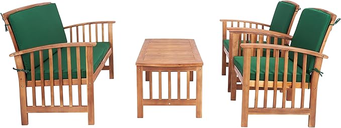 SAFAVIEH Outdoor Collection Rocklin Natural/ Green Cushion 4-Piece Conversation Patio Set - LeafyLoom