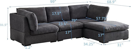 Cloud Modular Sectional Sofa, Comfort 60% Down Filled L Shaped Sleeper Sofa Couch Bed with Movable Ottoman for Living Room, Minimalist Wide Deep Seat Convertible Corner Sofa&Couches for Office - LeafyLoom