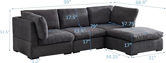 Cloud Modular Sectional Sofa, Comfort 60% Down Filled L Shaped Sleeper Sofa Couch Bed with Movable Ottoman for Living Room, Minimalist Wide Deep Seat Convertible Corner Sofa&Couches for Office - LeafyLoom