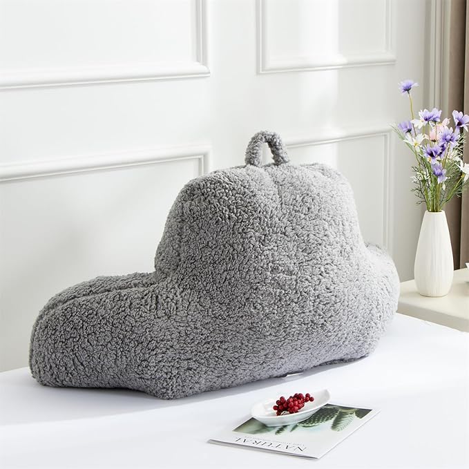 A Nice Night Sherpa Fleece Flannel Reading Pillow Bed Wedge Adult Backrest with Arms Back Support for Sitting Up in Bed/Couch,Grey,Large - LeafyLoom