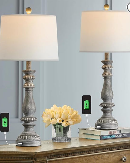 BOBOMOMO 27.75" USB Table Lamp Set of 2 Antique Retro Nightstand Lamp for Bedroom Living Room Office Resin Classic Bedside Desk Lamps with White Fabric Shade - LeafyLoom