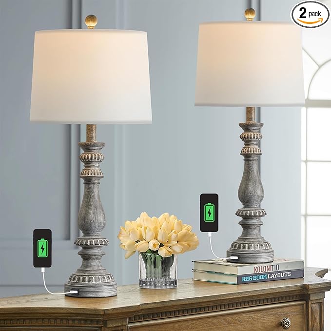 BOBOMOMO 27.75" USB Table Lamp Set of 2 Antique Retro Nightstand Lamp for Bedroom Living Room Office Resin Classic Bedside Desk Lamps with White Fabric Shade - LeafyLoom