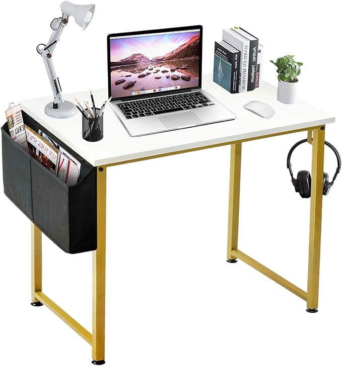 Lufeiya Small Computer Desk White Writing Table for Home Office Small Spaces 31 Inch Modern Student Study Laptop PC Desks with Gold Legs Storage Bag Headphone Hook,White Gold - LeafyLoom