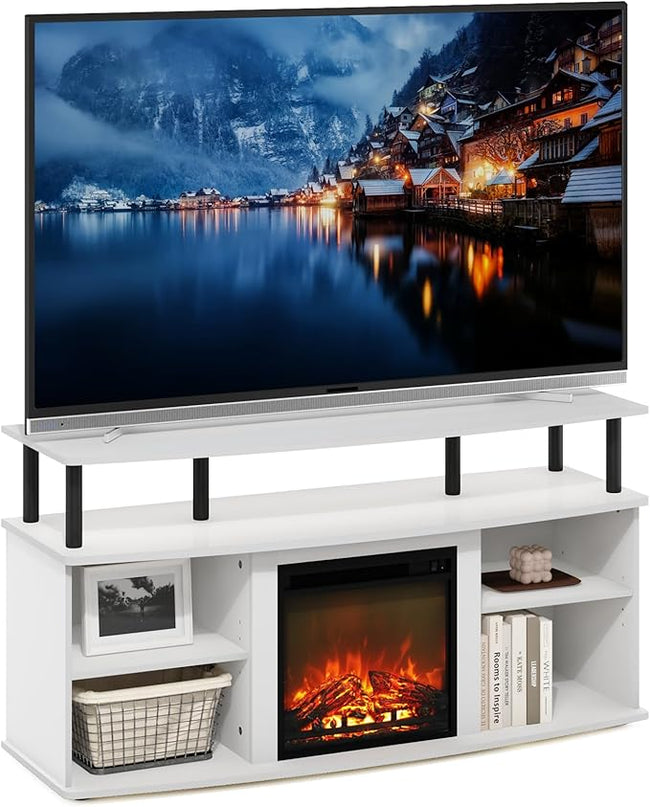 Furinno Jensen Open Shelving Storage Fireplace TV Entertainment Center for TV up to 55 Inch, Solid White/Black - LeafyLoom