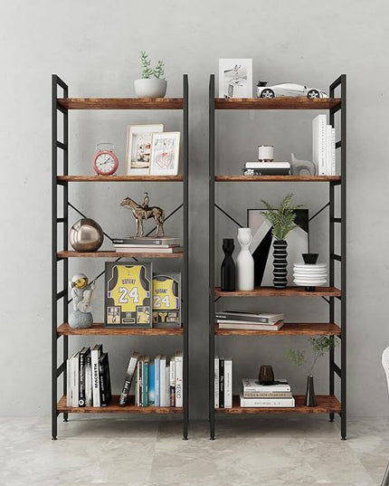 5 Tier Tall BookShelf,Bookcase with Steel Frame,Home Office Modern Bookcase Shelf for Bedroom/Living Room/Home Office - Rustic Brown Storage Rack for Books,Garage Kit, CDs and Movies - LeafyLoom