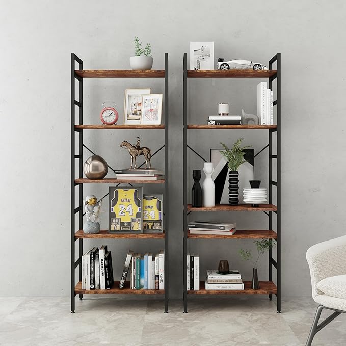 5 Tier Tall BookShelf,Bookcase with Steel Frame,Home Office Modern Bookcase Shelf for Bedroom/Living Room/Home Office - Rustic Brown Storage Rack for Books,Garage Kit, CDs and Movies - LeafyLoom