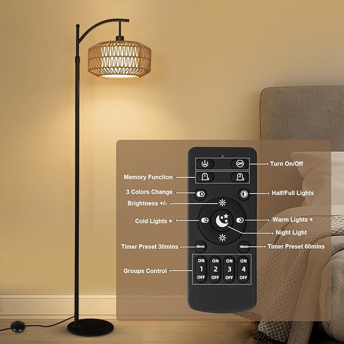 Arc Floor Lamps for Living Room, Dimmable Rattan Floor Lamp with Remote & LED Bulb, Mid Century Modern Standing Lamp with Double Shades, Boho Farmhouse Tall Pole Lamps for Bedroom Office - LeafyLoom