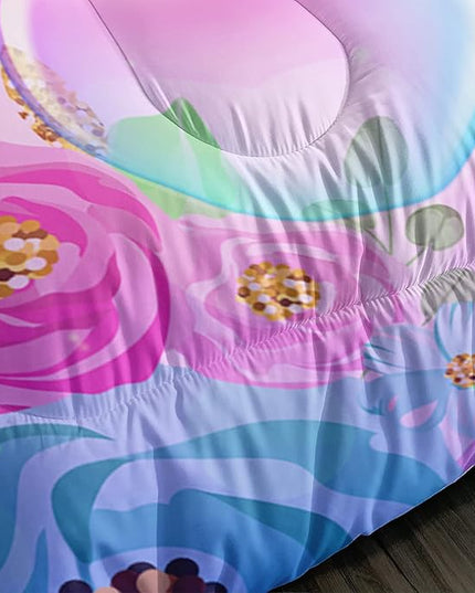 Kid Unicorn Comforter Set Full Size 3Pcs Butterfly Rainbow Flower Star Pattern Quilt Bedding Set for Boys Girls with 1 Comforter and 2 Pillowcases - LeafyLoom