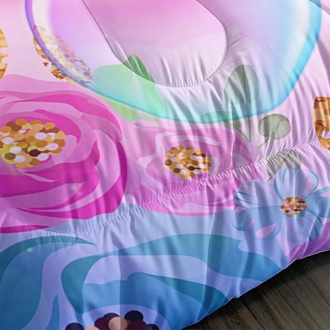 Kid Unicorn Comforter Set Twin Size 3Pcs Butterfly Rainbow Flower Star Pattern Quilt Bedding Set for Boys Girls with 1 Comforter and 2 Pillowcases - LeafyLoom