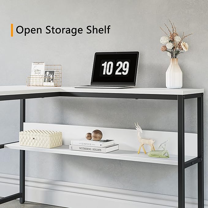 CubiCubi L Shaped Desk, 55.1 inch Corner Computer Desk with Storage Shelves, Home Office Desk with Bookshelf for Writing Gaming Study, White - LeafyLoom