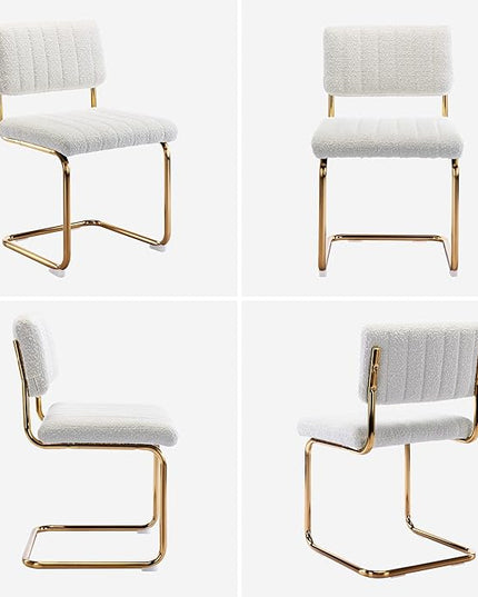 ONEVOG Cozy Boucle Dining Chair Set of 2, Upholstered White Dining Room Chairs with Gold Legs, Famous Cantilevered Design Comfort Dinner Chairs, Sturdy Stainless Chrome Base - LeafyLoom