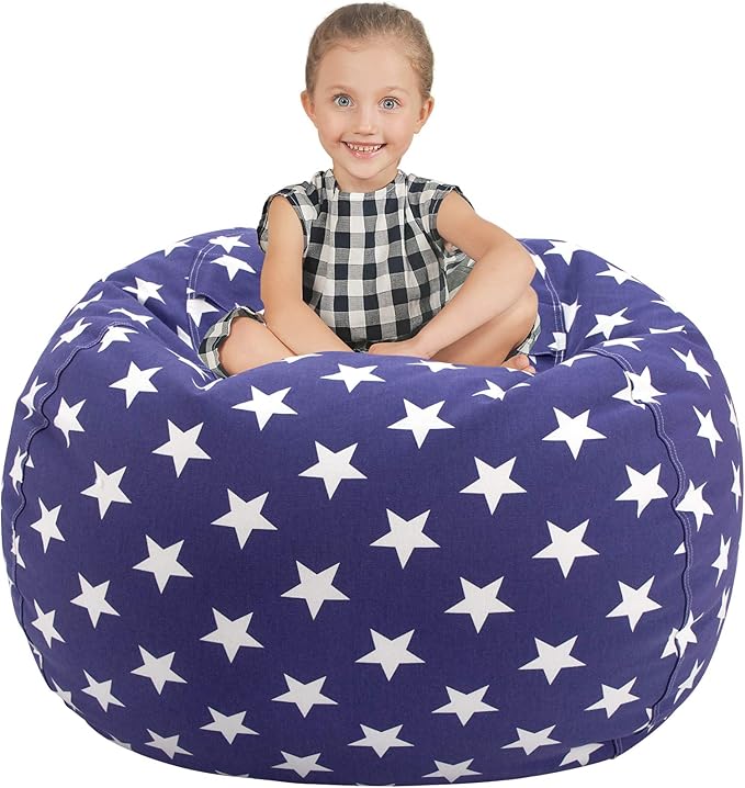 Aubliss Stuffed Animal Storage Bean Bag Chair Cover (No Beans)，Stuff and Sit Storage Bean Bag for Kids Toy Storage, X-Large 48"-Canvas Stars Royal Blue - LeafyLoom