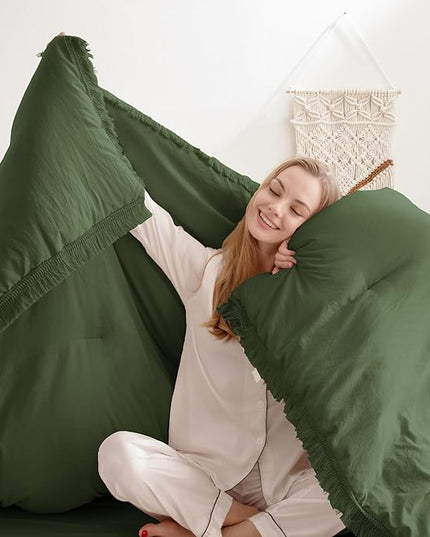 Andency Olive Green Comforter Set Queen, 3 Pieces Boho Tassel Lightweight Bedding Comforter Sets, All Season Soft Fluffy Fringe Bed Set (90x90In Comforter & 2 Pillowcases) - LeafyLoom