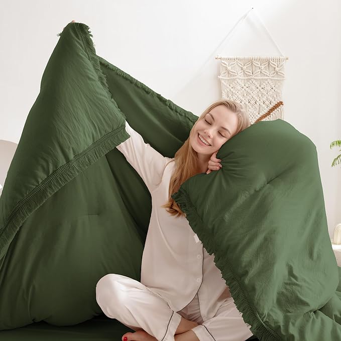 Andency Olive Green Comforter Set Queen, 3 Pieces Boho Tassel Lightweight Bedding Comforter Sets, All Season Soft Fluffy Fringe Bed Set (90x90In Comforter & 2 Pillowcases) - LeafyLoom
