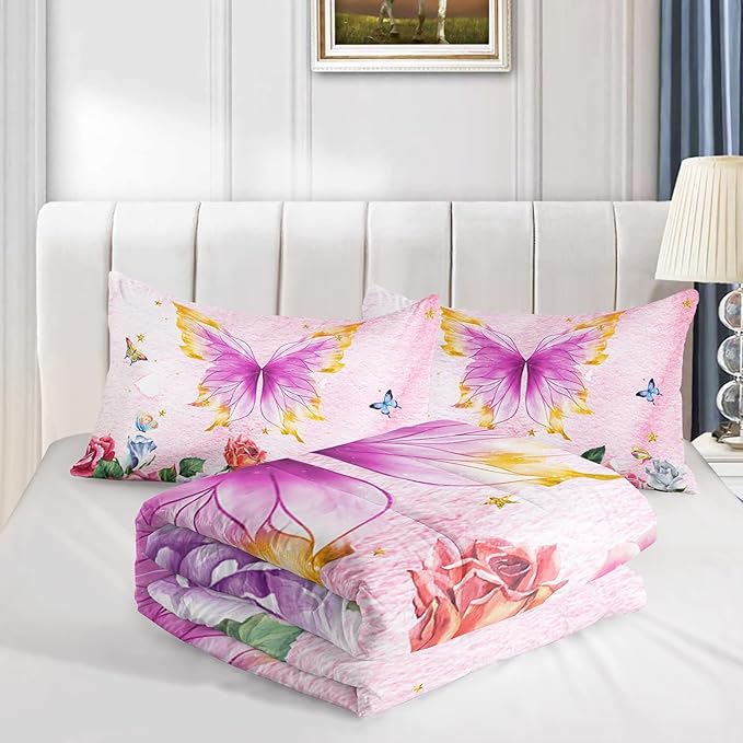 Butterfly Comforter Set for Girls Kids Adults Butterfly Rose Bedding Set Aesthetics Butterflies Quilt Duvet Set Full Size with 1 Comforter and 2 Pillowcases - LeafyLoom