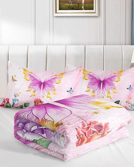 Butterfly Comforter Set for Girls Kids Adults Butterfly Rose Bedding Set Aesthetics Butterflies Quilt Duvet Set Queen Size with 1 Comforter and 2 Pillowcases - LeafyLoom