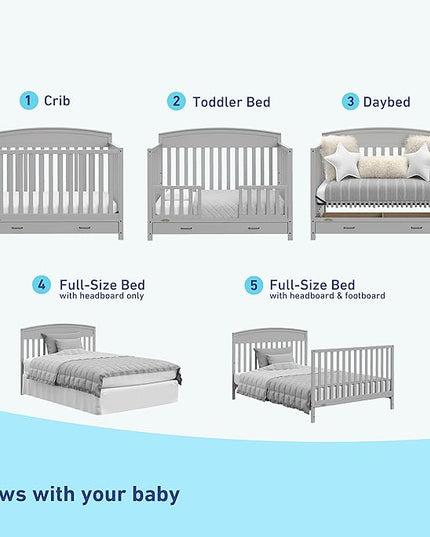 Graco Benton 5-in-1 Convertible Crib with Drawer (Pebble Gray) -Converts from Baby Crib to Toddler Bed, Daybed and Full-Size Bed,Fits Standard Full-Size Crib Mattress, Adjustable Mattress Support Base - LeafyLoom