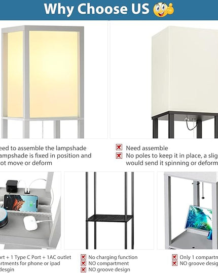 SHINE HAI LED Shelf Floor Lamp, Modern Standing Lamp with 2 USB Ports and 1 Power Outlet, 3-Tiered Display Floor Lamps with Shelves for Living Room, Bedroom and Office - Gray - LeafyLoom