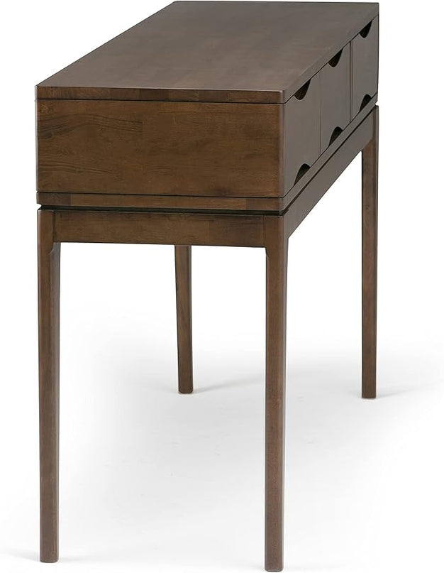 SIMPLIHOME Harper SOLID WOOD 54 inch Wide Mid Century Modern Console Sofa Entryway Table in Walnut Brown with Storage, 3 Drawers , for the Living Room, Entryway and Bedroom - LeafyLoom