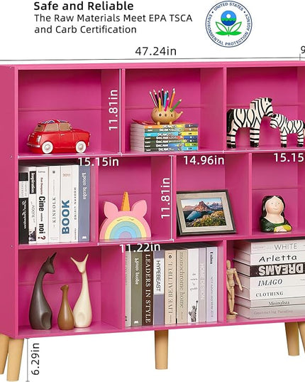 LEYAOYAO 10 Cube Bookshelf,3 Tier Modern Wide Bookcase with Legs,Mid-Century Wood Bookshelves Storage，Pink Large Book Case,Freestanding Organizer Display Shelf for Bedroom,Living Room,Office - LeafyLoom