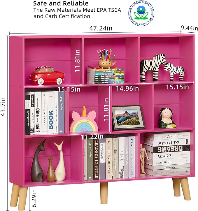 LEYAOYAO 10 Cube Bookshelf,3 Tier Modern Wide Bookcase with Legs,Mid-Century Wood Bookshelves Storage，Pink Large Book Case,Freestanding Organizer Display Shelf for Bedroom,Living Room,Office - LeafyLoom