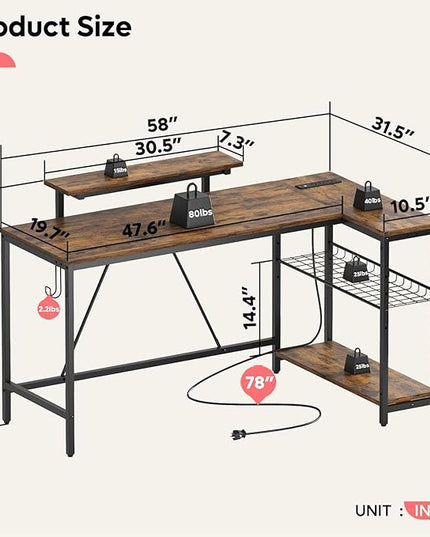 Bestier 58 L Shaped Desk with Power Outlets,Home Office Corner Desk with Reversible Shelves & LED Lights - Modern Simple Writing Study Desk for Small Space,Rustic Brown - LeafyLoom