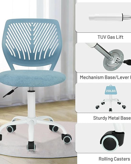 FurnitureR Kids Desk Chair, Small Mid Back Adjustable Swivel Computer Task Study Chair for Student, Fabric Armless Cute Rolling Children Office Chair, Light Blue - LeafyLoom