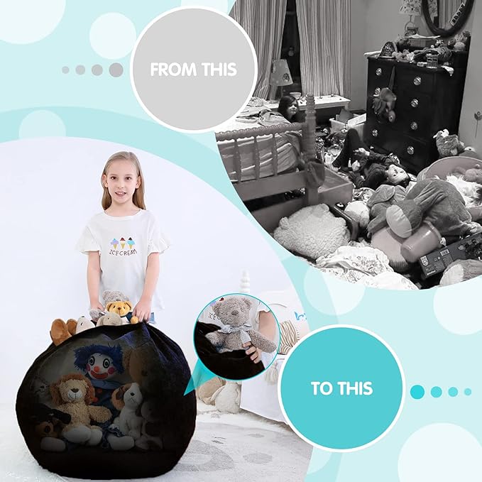 Bean Bag Chair Cover (No Filler) Stuffed Animal Storage for Kids .Soft Premium Corduroy Stuffable Beanbag for Organizing Children Plush Toys or Memory Foam Small 100L (Black) - LeafyLoom