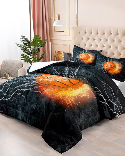 Basketball Comforter Set Full Size, Sports Basketball Bedding Boys Comforter Sets for Bedroom Fire Ice Basketball Theme Room Decor for Teen Boys, 1 Comforter 2 Pillowcase - LeafyLoom