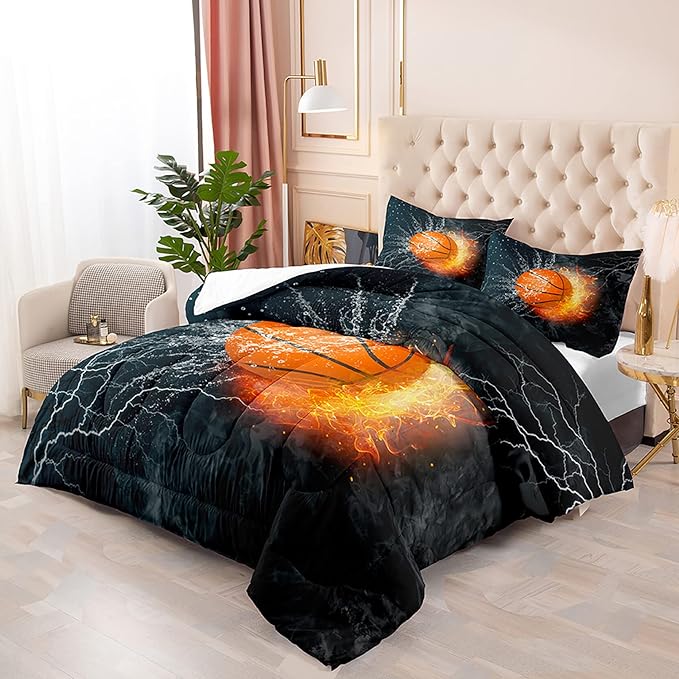 Basketball Comforter Set Full Size, Sports Basketball Bedding Boys Comforter Sets for Bedroom Fire Ice Basketball Theme Room Decor for Teen Boys, 1 Comforter 2 Pillowcase - LeafyLoom