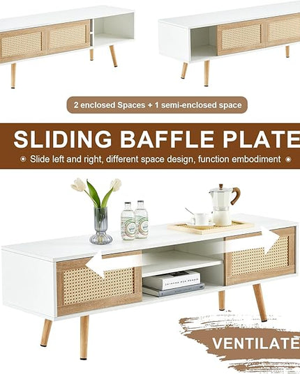 Brafab Boho TV Storage Media Console Table with Double Sliding Doors and Adjustable Shelf for Living Room, 55.12" L x 15.75" W x 18.31" H, White - LeafyLoom