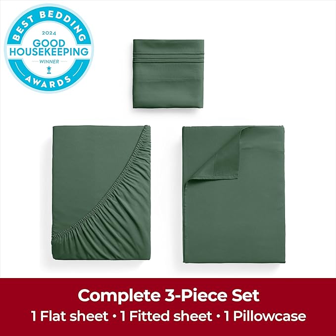 Mellanni Extra Deep Twin Sheets - 3 PC Iconic Collection Bedding Sheets & Pillowcases - Hotel Luxury, Ultra Soft, Cooling Bed Sheets - Extra Deep Pocket up to 21 inch (Twin, Emerald Green) - LeafyLoom