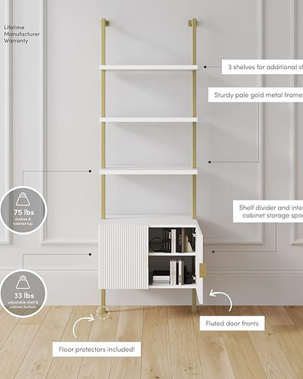 Nathan James Theo Mid-Century Modern Bookcase with Cabinet Fluted Texture, White Open Shelves and Brass Metal Frame Living Room, Home Office Storage - LeafyLoom