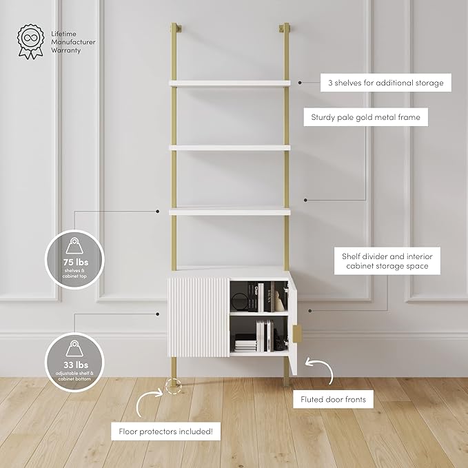Nathan James Theo Mid-Century Modern Bookcase with Cabinet Fluted Texture, White Open Shelves and Brass Metal Frame Living Room, Home Office Storage - LeafyLoom
