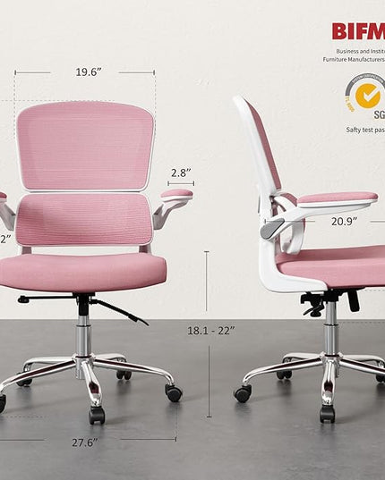Office Chair, Ergonomic Desk Chair - Thick Cushion Adjustable Height Computer Chair with Lumbar Support and Flip-up Armrests, Pink Home Office Desk Chairs, Swivel Executive Task Chair… - LeafyLoom