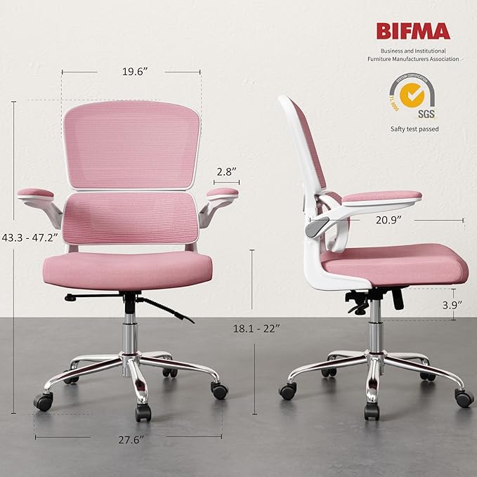 Office Chair, Ergonomic Desk Chair - Thick Cushion Adjustable Height Computer Chair with Lumbar Support and Flip-up Armrests, Pink Home Office Desk Chairs, Swivel Executive Task Chair… - LeafyLoom
