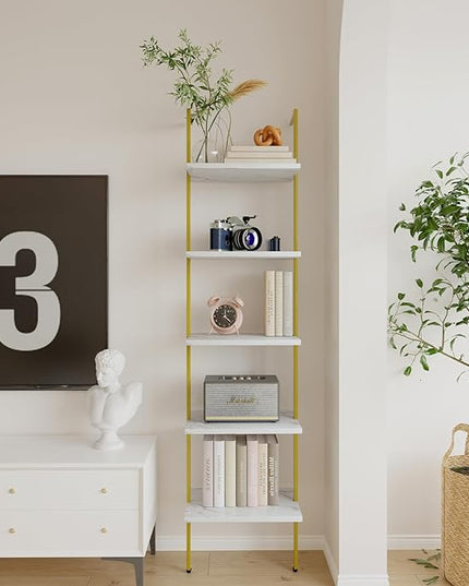 aboxoo Ladder Shelf 5 Tiers Metal Industrial Bookshelf,Small White Faux Marble Wood Tall Open Storage Rack and Display Shelves,Wall Mounted Wide Book Case for Home Office Bedroom - LeafyLoom