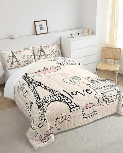 Feelyou Eiffel Tower Comforter Set Paris Tower Comforter for Girls Romantic Rose Chic Paris Bedding Set Paris Cityscape Printed Heart Love Duvet Set Room Decor Quilt King Boys - LeafyLoom