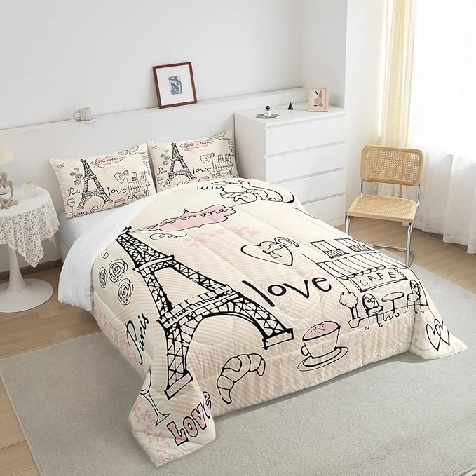 Feelyou Eiffel Tower Comforter Set Paris Tower Comforter for Girls Romantic Rose Chic Paris Bedding Set Paris Cityscape Printed Heart Love Duvet Set Room Decor Quilt King Boys - LeafyLoom