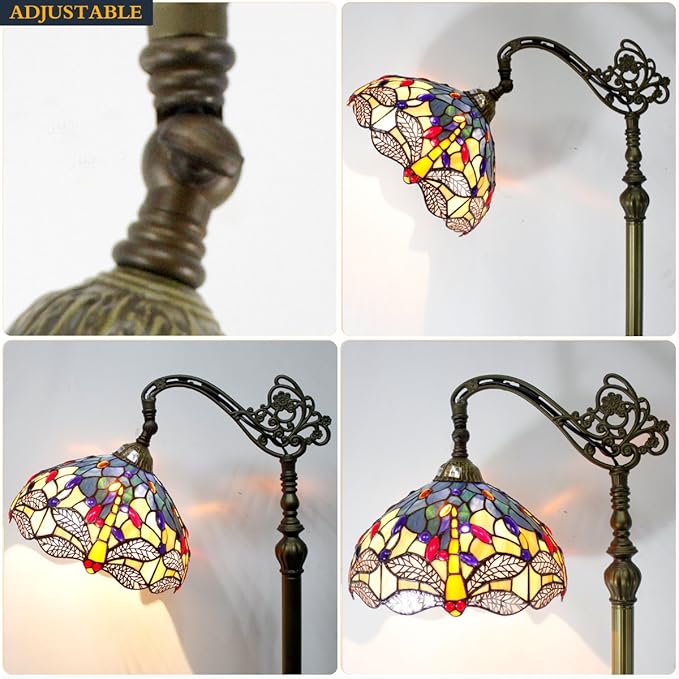 WERFACTORY Tiffany Floor Lamp Sea Blue Yellow Stained Glass Dragonfly Arch Lamp 12X18X64 Inch Gooseneck Adjustable Corner Stand Reading Light Decor Bedroom Living Room S128 Series - LeafyLoom