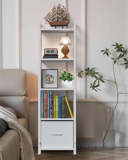 Narrow-Bookshelf-With-Storage-Drawer, 5-Tier Small Standing Book Shelf Organizer For Small Space, Tall Thin Bookcase Shelf For Bedroom Living Room Office, Wooden Shelving Unit Rack For Display - LeafyLoom