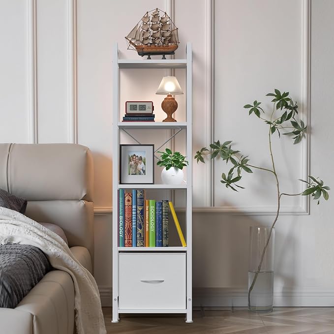 Narrow-Bookshelf-With-Storage-Drawer, 5-Tier Small Standing Book Shelf Organizer For Small Space, Tall Thin Bookcase Shelf For Bedroom Living Room Office, Wooden Shelving Unit Rack For Display - LeafyLoom